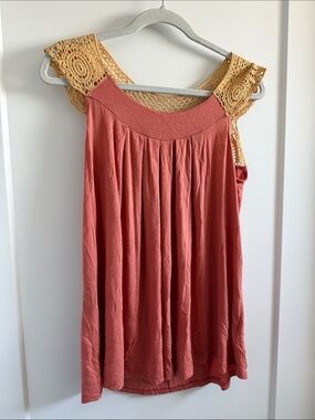 Lush Coral Top with Mustard Crochet Yoke